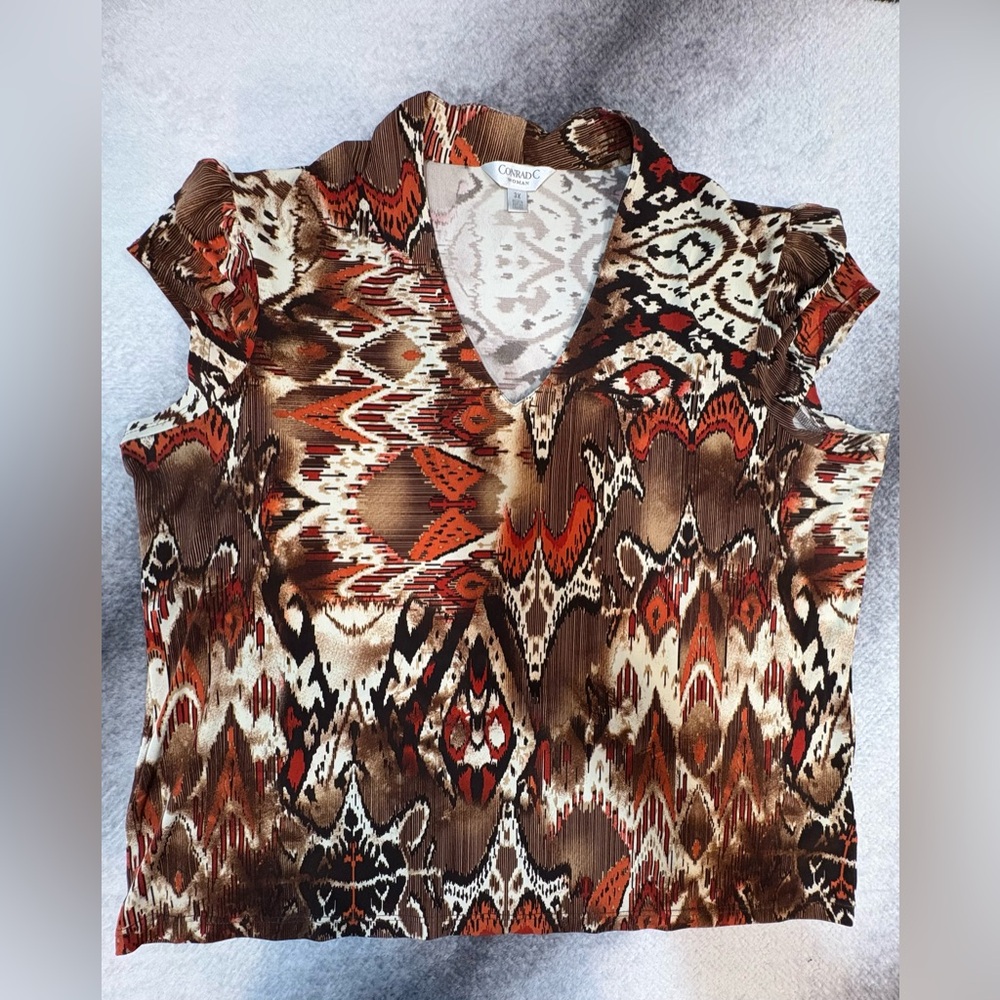 ConradC Brown Beige Multi Flutter Sleeve Short Sleeve Plus Blouse Top Shirt 3X